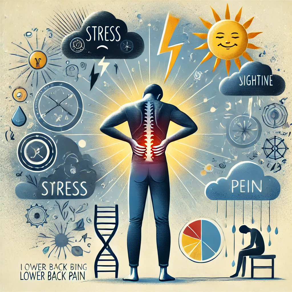Illustrate a person holding their lower back in pain with visual elem